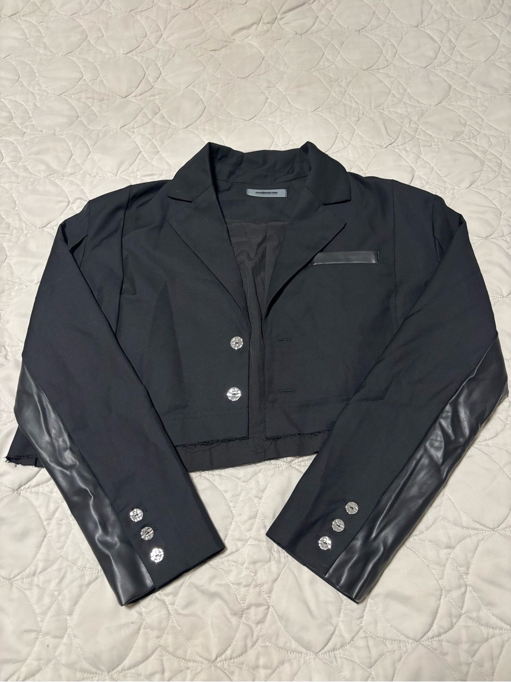 Maniere De Voir Black Raw Hem Cropped Blazer with Faux Leather - Picture 2 of 7